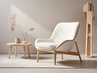Cream armchair with table and wooden legs. armchair and chair
