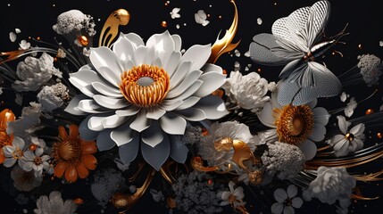  a white and orange flower surrounded by gold and silver flowers and butterflies on a black background with gold and silver accents and a white butterfly.  generative ai