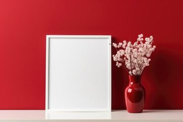 A small vertical layout in a white frame near a red wall with a red vase with a plant