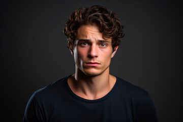Obraz premium Upset and hopeless young man with European appearance on black isolated background