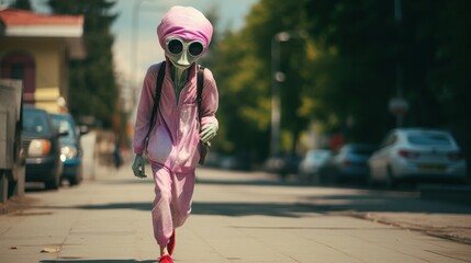 A fashionable alien woman struts down the pink sidewalk in her out-of-this-world outfit, with a ufo hovering overhead and a monstrous vehicle parked on the street, all while the ground beneath her fe - obrazy, fototapety, plakaty