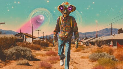 As the alien-masked figure strolled down the dusty path, the looming ufo in the sky seemed to cast a monstrous shadow over the desert landscape, its colorful cartoon-like appearance blending seamless - obrazy, fototapety, plakaty