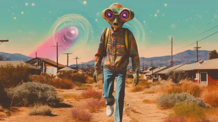 Foto op Canvas As the alien-masked figure strolled down the dusty path, the looming ufo in the sky seemed to cast a monstrous shadow over the desert landscape, its colorful cartoon-like appearance blending seamless © mockupzord