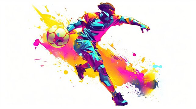  a man kicking a soccer ball on top of a white field with colorful paint splatters on it and a white back ground with a white background.  generative ai