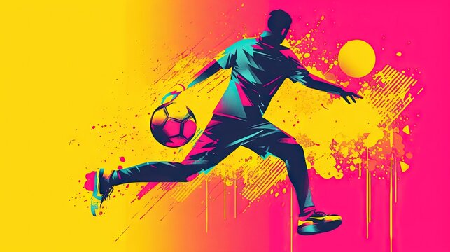  a man kicking a soccer ball on top of a yellow and pink background with splats on the wall and a splash of paint on the floor.  generative ai