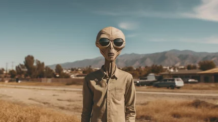 Fotobehang UFO Amidst the rugged terrain, a fearless hiker stands in a striking alien ensemble, complete with goggles and sunglasses, as they gaze up at the otherworldly sky filled with monstrous clouds and ufos