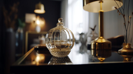 Home interior design with gold accents. Highlighting the luxury style to the design. Bokeh background. 
