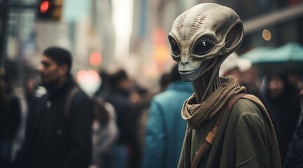An extraterrestrial man wearing a skull mask and alien clothing roams the streets, his ufo looming overhead as he embodies both fear and fascination - obrazy, fototapety, plakaty