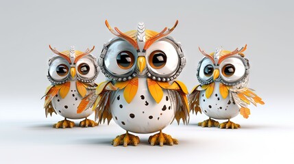  a group of three owls standing next to each other on a white surface with a gray background and a yellow ribbon around its neck and two brown eyes.  generative ai