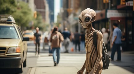 A monstrous extraterrestrial walking down a busy city street, its otherworldly garment flowing behind it as it passes by vehicles and buildings, its alien eyes scanning the bustling scene - obrazy, fototapety, plakaty