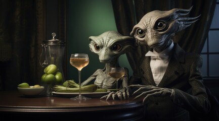 Amidst the glimmering indoor lights, two otherworldly beings share a feast of exotic fruits and wine, their sculpted features mirroring the grandeur of the monstrous ufo hovering above, a fusion of a