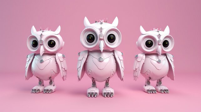  three pink owls with big eyes and horns on their heads are standing in a row on a pink background with a pink background behind them.  generative ai