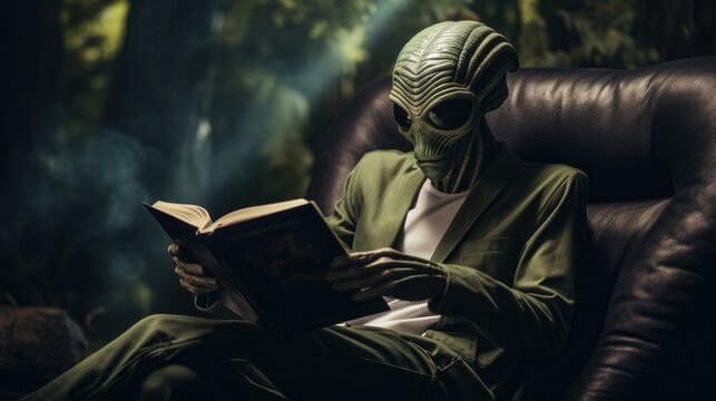 A curious man in an otherworldly garment delves into the pages of a book, oblivious to the looming presence of a mysterious ufo and its monstrous extraterrestrial inhabitant, captured in a surreal sc