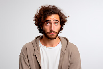 Upset and hopeless young man with European appearance on white isolated background - obrazy, fototapety, plakaty