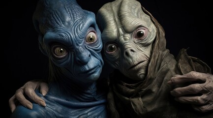 In a strange and foreign land, two extraterrestrial creatures with piercing, oversized eyes encounter a mysterious ufo, their animalistic instincts on high alert as they cautiously approach the monst