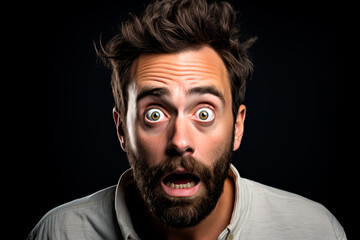 Surprised and scared young man with European appearance over black isolated background
