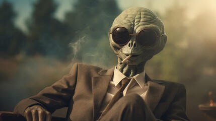 An extraterrestrial monster sporting sunglasses and a sharp suit exudes a nonchalant coolness as it takes a drag from its cigarette, standing outdoors with a skull mask and a screenshot of its alien  - obrazy, fototapety, plakaty