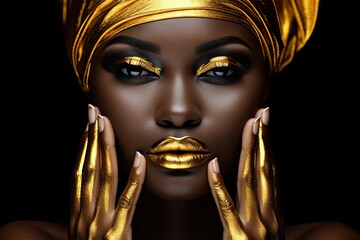 Portrait of a beautiful black woman with elegant fashion, golden makeup and stunning jewelry. - obrazy, fototapety, plakaty