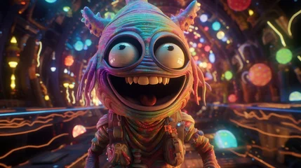 Schilderijen op glas An otherworldly adventure awaits as a playful cartoon alien dons a space suit and explores the great unknown, encountering curious ufos, extraterrestrial monsters, and glowing outdoor lights along th © mockupzord
