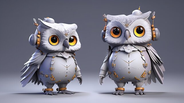  a couple of owls with headphones on their ears and one has a white owl with yellow eyes and a white owl with yellow eyes.  generative ai