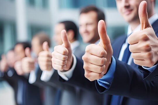 Successful business team consisting of men and women showing thumbs up gesture in corporate office, symbolizing teamwork and success.