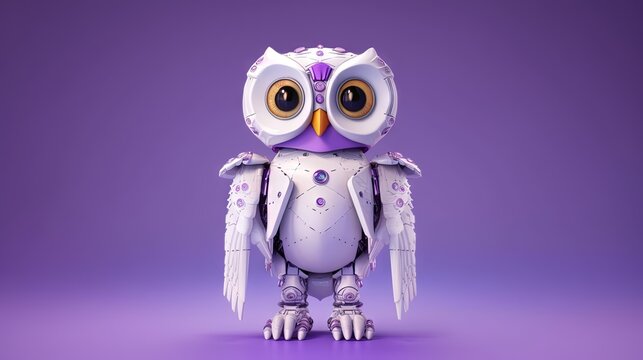  a purple and white owl is standing on a purple surface with its eyes open and it's head turned to the side, with a purple background.  generative ai