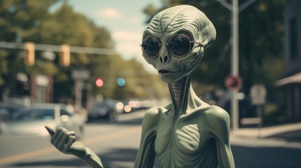 A mysterious extraterrestrial donning sunglasses strikes a pose on the bustling city street, its otherworldly presence both artful and monstrous - obrazy, fototapety, plakaty