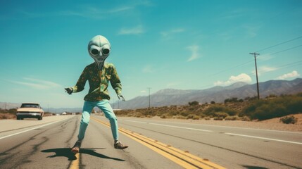 A lone extraterrestrial, clad in a shimmering garment and equipped with a futuristic helmet, traverses a desolate road under a stormy sky, with looming mountains in the distance and a ufo hovering om