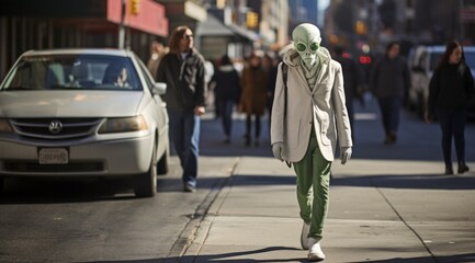 A mysterious figure donning an otherworldly mask roams the busy city streets, evoking a sense of...