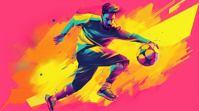  a man kicking a soccer ball on top of a pink and yellow background with a splash of paint on the bottom of the image and bottom half of the ball.  generative ai