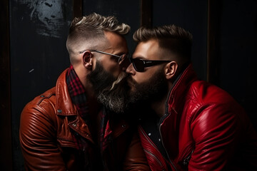 Two brutal bearded men dressed in red leather jackets are kissing. A couple of two men in love.