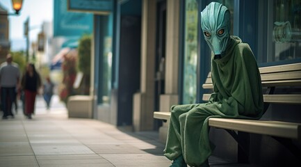 An otherworldly being draped in unique clothing sits on a bench in the midst of a bustling city street, as a massive statue of a monstrous extraterrestrial looms over them, all while a ufo hovers abo