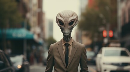 A sophisticated alien donning a suit and tie navigates the bustling city streets in their ufo, passing by towering buildings and statues as they blend in with the chaotic flow of cars and people, con