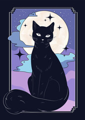 Mystical colorful framed tarot card with black cat vector illustration. Night sky with moon, star, cloud on background. Cartoon hand drawn style. Astronomy, astrology, magical concept design.