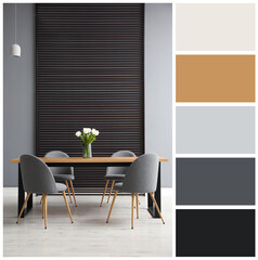 Stylish dining room with furniture. Color palette matching to this interior design