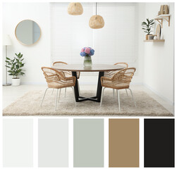Light and cozy dining room with furniture. Color palette matching to this interior design