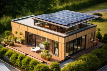 Fototapeta na wymiar a modern modular house made with wood, with solar pannels, grass lawn