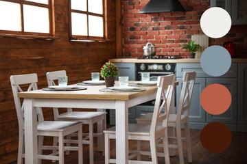 Spacious and cozy dining room with furniture. Color palette matching to this interior design