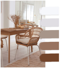 Light and cozy dining room with furniture. Color palette matching to this interior design