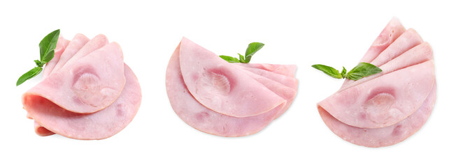 Slices of tasty ham and basil isolated on white, different sides