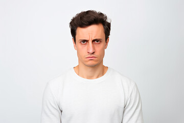 Fototapeta premium Upset and hopeless young man with European appearance on white isolated background