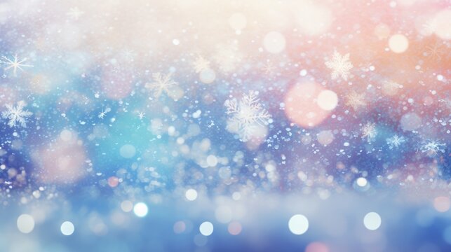 Glistening snowflakes fall with vibrant bokeh light background. Abstract festive pattern.