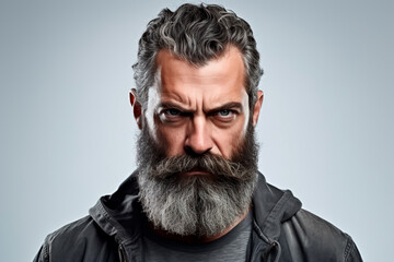 Fototapeta premium Brutal bearded man with stern and angry look with European appearance on white isolated background