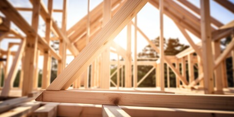Obraz premium Close-up view of wooden frame of a house structure , concept of Carpentry