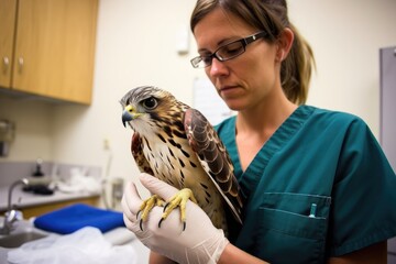 shot of a veterinarian caring for an injured kestrel at her clinic - obrazy, fototapety, plakaty
