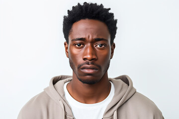 Upset and hopeless young man with African appearance on white isolated background