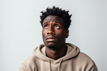 Obraz premium Upset and hopeless young man with African appearance on white isolated background