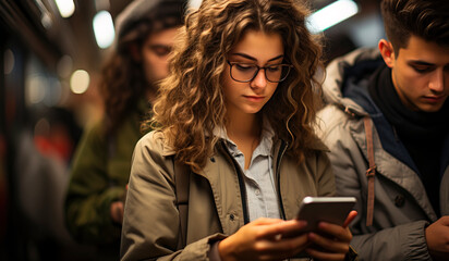 Gen Z Digital Native: Close-up of Young Woman Engrossed in Smartphone in Dimly Lit Subway Carriage
