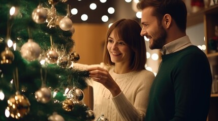 young couple girl and man home at christmas time with christmas tree and christmas lights