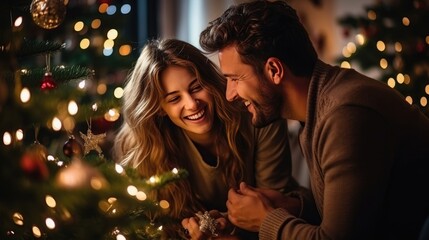 Obraz na płótnie Canvas young couple girl and man home at christmas time with christmas tree and christmas lights
